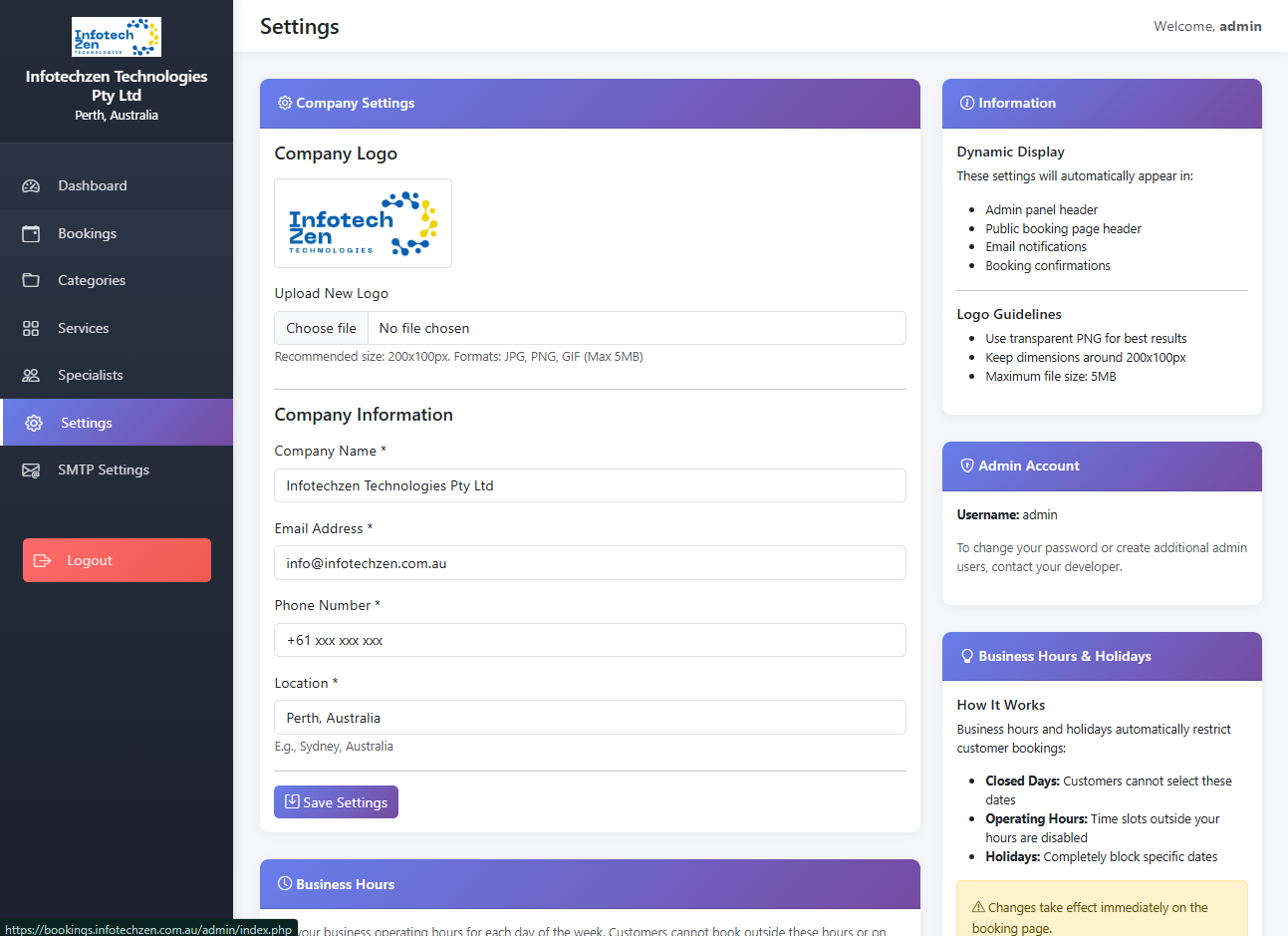 Business Settings Interface